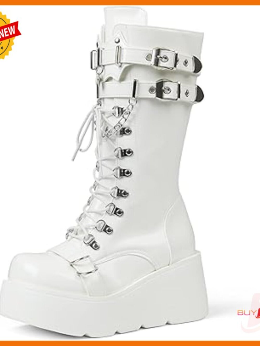 Platform Combat Boots Wedge Heel Mid Calf Lace Up Punk Motorcycle Shoes